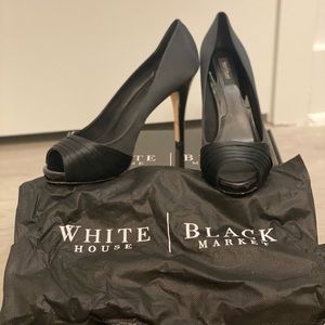 White House Black Market - 3” black satin peep toe heels